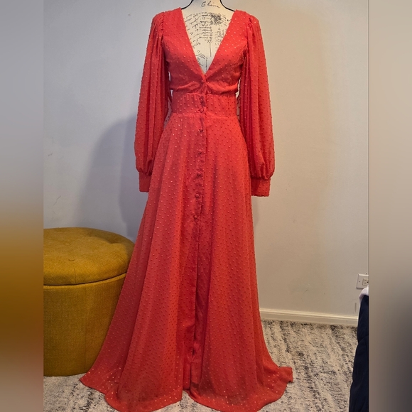 KIMBERLY GOLDSON CORAL GOLD, LESLI JACQUARD MAXI DRESS, LONG SLEEVES, SIZE S. - Picture 4 of 16